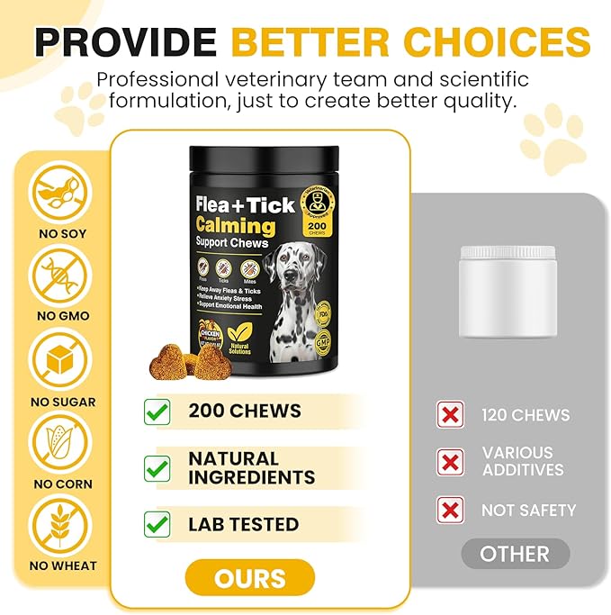 Dog Flea and Tick Treatment Chewable with Calming Supplements 200 Count Oral Fleas Ticks Chewables Support Suitable for All Breeds Ages Reduces Anxiety, Itch, and Sleep Support - Chicken Flavor