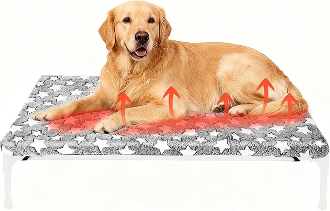 Large Self Warming Dog Bed Pad for Elevated Dog Bed Replacement Self Heating Warm Raised Cot Pad Mat with Corner Strap Removable Washable Soft Plush Cover Non-Slip Bottom Star(51 x 32 Inches)
