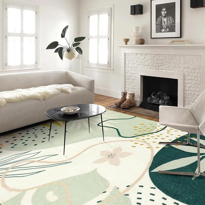 Lahome Green 10x14 Rug for Living Room, Large Washable Area Rug Non-Slip Ultra-Thin Stain Resistant Rug for Dining Room Table, Soft Botanical Print Indoor Rug for Bedroom Office (Green, 10'x14')