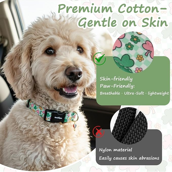 St. Patrick's Day Dog Collar,Puppy Collar with Lucky Shamrock Chequered Pattern,Adjustable Spring Cotton Collars Gifts for Small Medium Large Dogs,Dog Accessories L