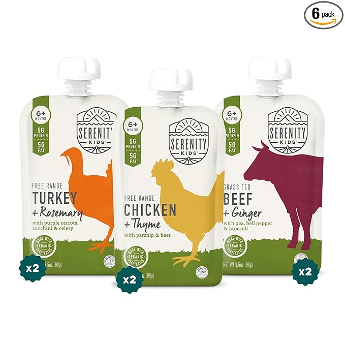 Serenity Kids 6+ Months Baby Food Pouches Puree - BPA-Free Meats & Herbs - Organic Baby Food Puree with Meat & Veggies - 3.5 Oz, 6 Pack
