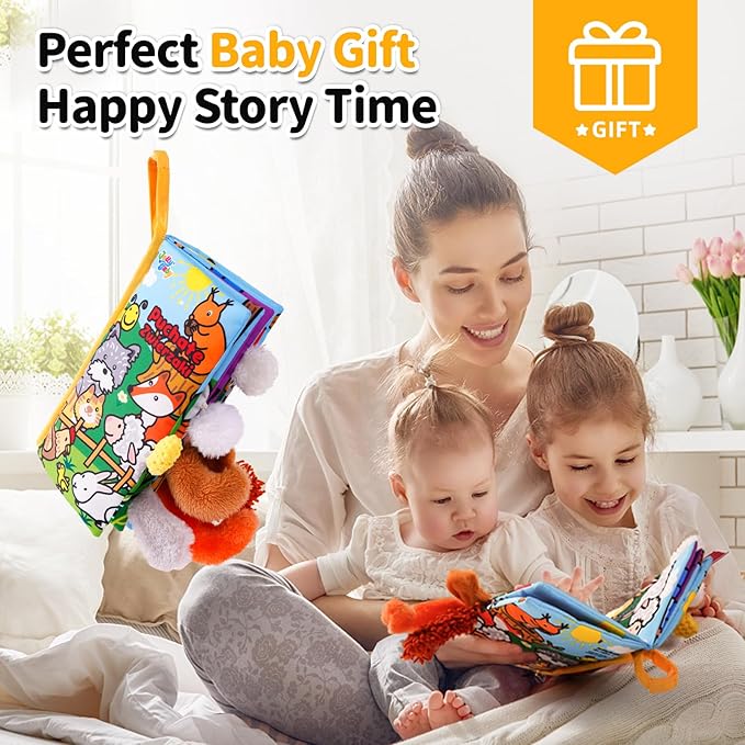 Jollybaby Baby Cloth Books, Touch & Feel Crinkle Soft Books, for Infants Babies, Toddler Early Educational Interactive Stroller Toys, Baby Girl & Boy Gift(Plush Tails)