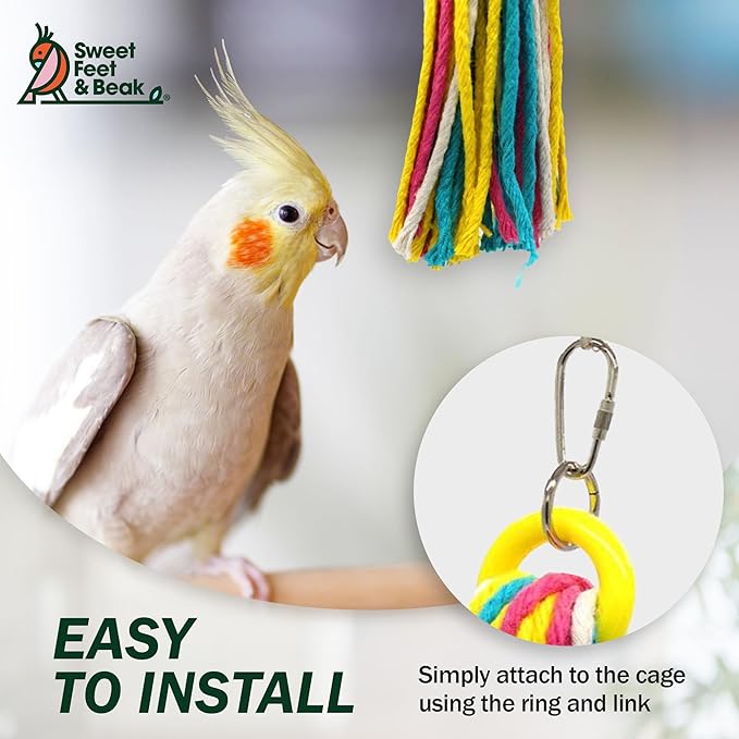 Sweet Feet and Beak Platinum Tweeter Weave Bird Toys - Perfect Cage Toy for Playing & Preening - Colorful, Safe, Cotton Rope - Birds Cage Playground Accessories & Supplies - Parrot Toys (Large)