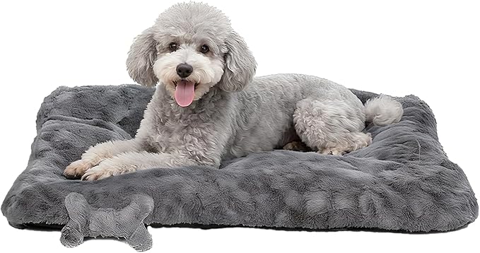 Washable Dog Bed for Small to Large Dogs, Calming Anti Anxiety Medium Dog Bed, Deluxe Plush Faux Fur Crate Beds, Comfy Fluffy Kennel Pad Pet Mat with Non-Slip Bottom, 41"x27", Dark Grey