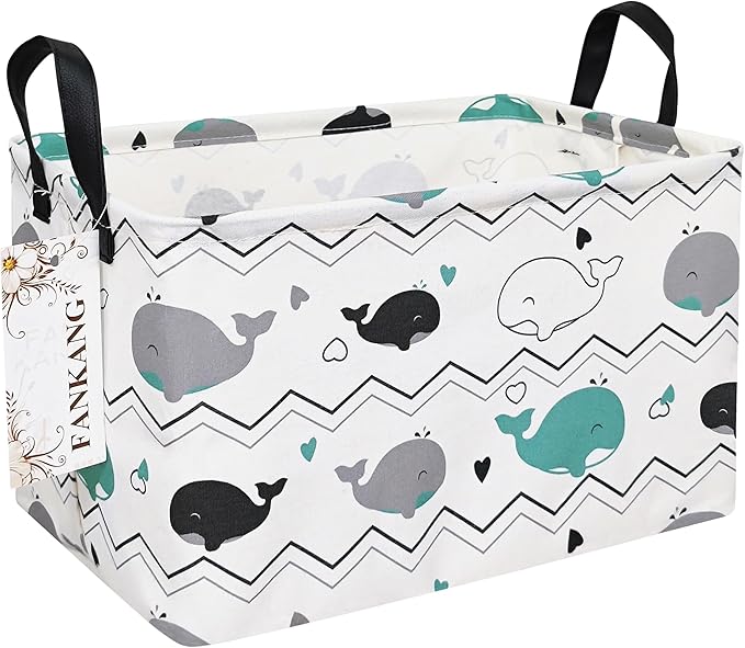 FANKANG Storage Bins, Nursery Hamper Canvas Laundry Basket Foldable with Waterproof PE Coating Large Storage Baskets for Kids Boys and Girls, Office, Bedroom, Clothes,Toys(Rec-whales ）