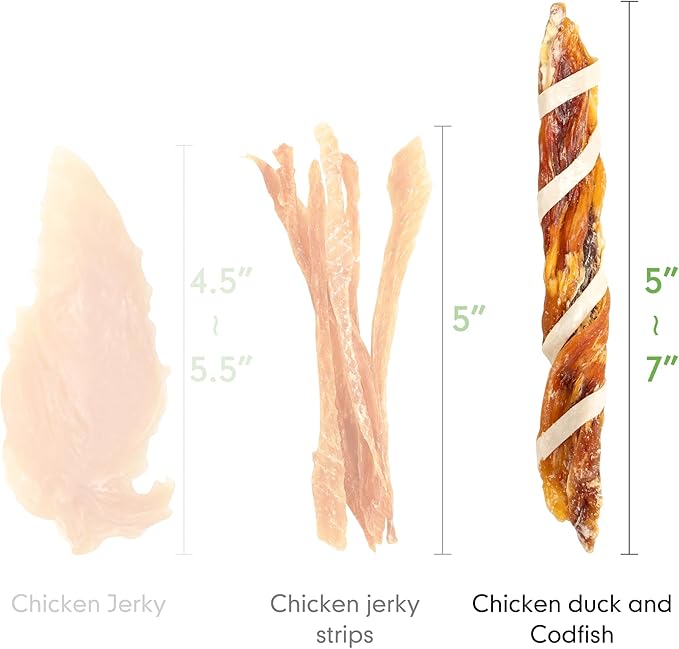 MON2SUN Dog Treats, Triple Flavor Jerky Twist Sticks, 5-7 Inch Chicken Duck and Codfish Sticks Chews for Small Dogs, Healthy Snacks, 17.64 oz (25 Count-Pack of 2)
