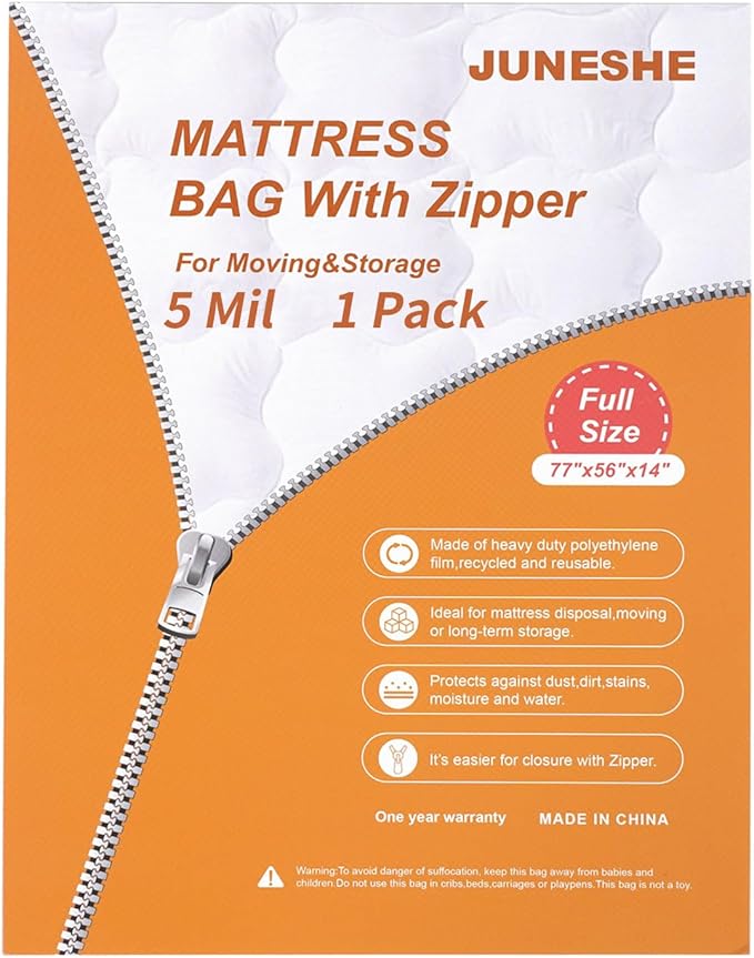 Full Mattress Bag for Moving and Storage Cover -5 Mil Zipper Plastic Waterproof Mattress Storage Bag,77x56x14 inches,1 Pack