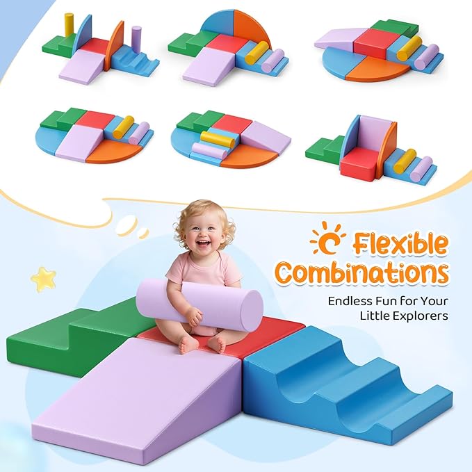 Lischwert Foam Climbing Blocks for Toddlers 1-3, 8pcs Soft Play Set with Crawling Exploration Toys, Indoor Outdoor Infant Safe Blocks for Baby Gym Toddler Playground