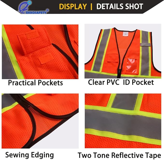Safety Vest for Men Women Reflective with 5 Pockets and Zipper Front Mesh High Visibility Vest Hi Vis Construction Work Vest,Meets ANSI/ISEA Standards(EK175-Orange-XL)