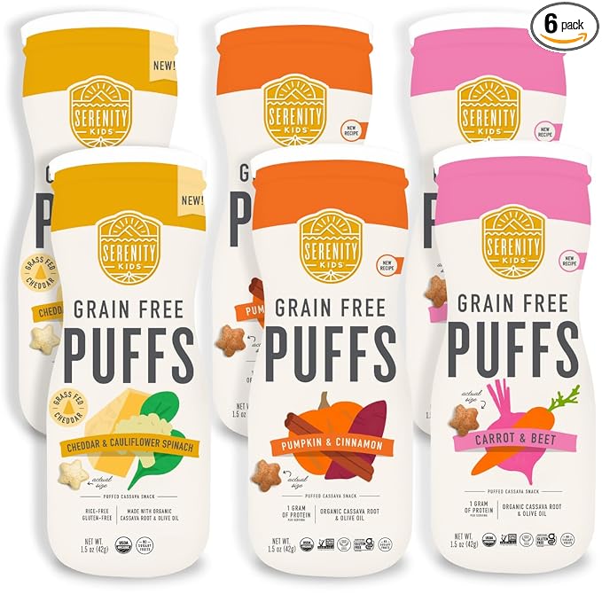Serenity Kids 6+ Months Grain-Free Baby Puffs Snack - Baby & Toddler Snacks for 6+ Months - No Added Sugar & Gluten & Rice Free - BPA & Allergen Safe with Organic Cassava & Veggies - 1.5 Oz, 6 Pack
