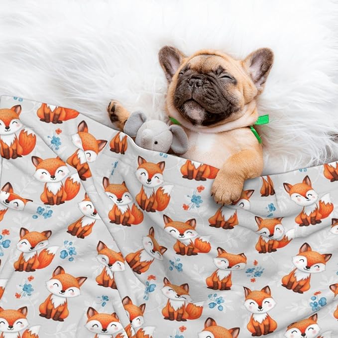 Two Sided Pet Cuddler Blanket for Anxiety Calming, Cute Fox, Reversible Plush Design with Bubble Dot Pattern Provides Familiar Surface Anywhere