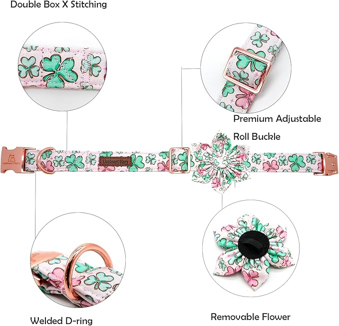 Lionheart glory St. Patrick's Day Dog Collar with Flower Dog Collars for Large Dogs, Heavy Duty Green Collars Lucky Clover Shamrock Dogs Collar Flower Puppy
