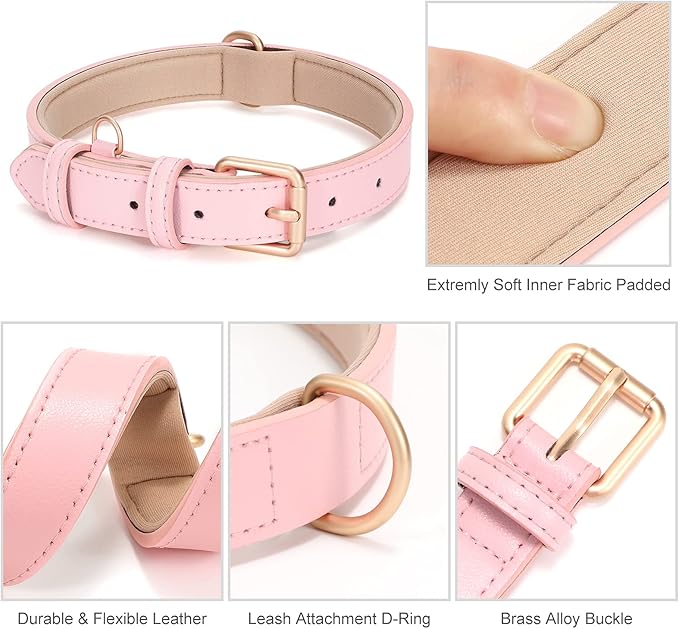 WHIPPY Leather Dog Collar for Small Medium Large Dog Adjustable Soft Breathable Leather Padded Puppy Collar with Alloy Buckle Heavy Duty Waterproof Classic Dog Pet Collar,Pink,L