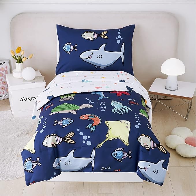 PERFEMET Kids Comforter Sets Boys Full Size-5 Piece Bed in A Bag Navy Blue Ocean Themed Comforter-Soft Reversible Cartoon Fish Shark Bedding Set for Girls Teens(Navy Blue, Ocean)