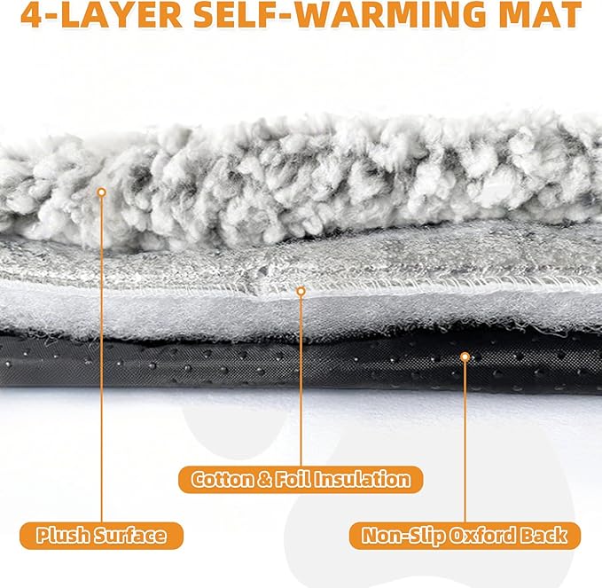 KOOLTAIL Self Warming Cat Bed, 4 Pack 18*24in Plush Extra Warm Self Heating Pet Pad for Crate, Floor, Indoor Outdoor, Non-Slip Upgraded Thermal Foil Puppy Kitten Mat with Removable Washable Cover,Grey