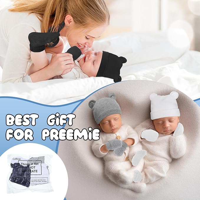 Cuffbow 4 Pcs Preemie Hats Mittens and Socks Set Preemie Mittens Warm Terry Socks for Baby