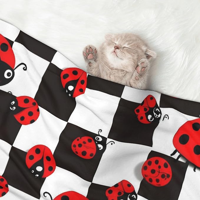 Waterproof Dog Blanket Soft Pet Blanket for Puppy Cat, Fleece Cat Throw Blankets for Furniture Bed Couch Sofa Reversible - Ladybugs of Black and White Checkers