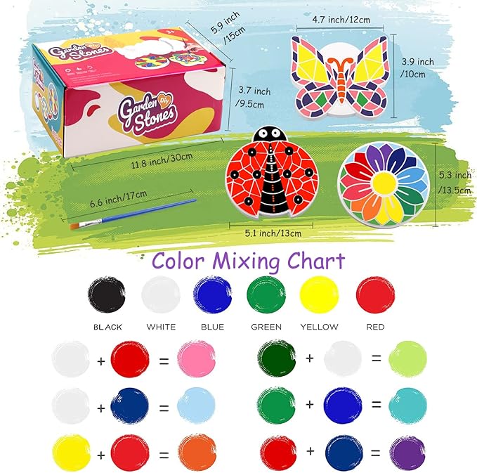 Weilim Paint Your Own Stepping Stones 5-Pack for Kids, Boys & Girls Ages 3-12, Butterfly, Turtle, Flower, Tree & Ladybug DIY Outdoor Garden Art & Craft Ceramic Painting Set