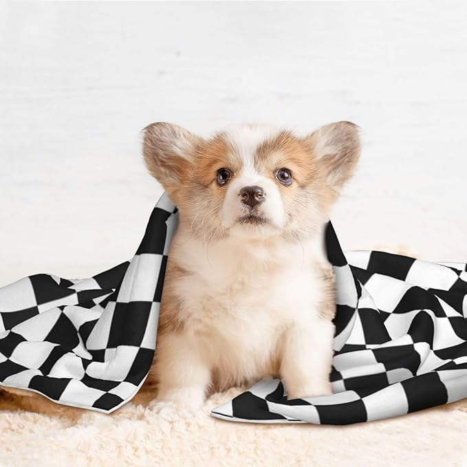 Two Sided Plush Pet Blanket for Crates Carriers Home Use, Black and White Checkered, Reversible Throw with Cozy Dot Fabric and Silky Reverse for Small Large Pets