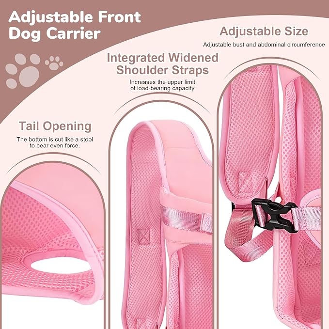 Pet Carrier Backpack, Adjustable Front Dog Carrier, Legs Out Dog Chest Carrier, Dog Back Pack for Small Medium Dogs Cats Puppies and Rabbits Hiking Camping (Pink, Large)