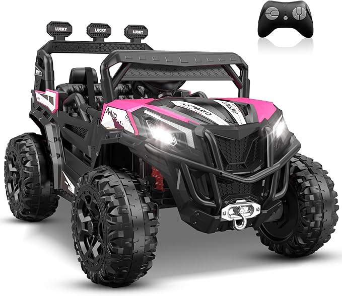 ANPABO 24V 4X4 Ride on Car Truck w/Remote Control, 4WD/2WD Switchable Kids UTV, 19" Spacious Seat, 4 Shock Absorbers, Soft Start, Music Player, Electric Car for Kids Ages 3+(Pink)