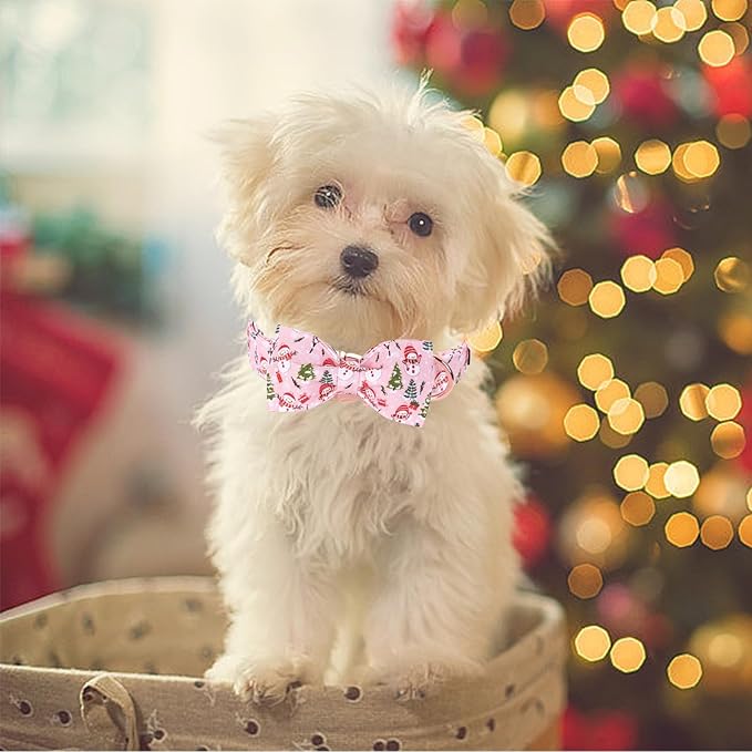 Christmas Dog Collar, Christmas Tree and Snowman Print Cute Winter Holiday Collars Cotton Adjustable Comfortable Pink Dog Collar with Bow,Stylish Collars for X-Large Girl Dogs