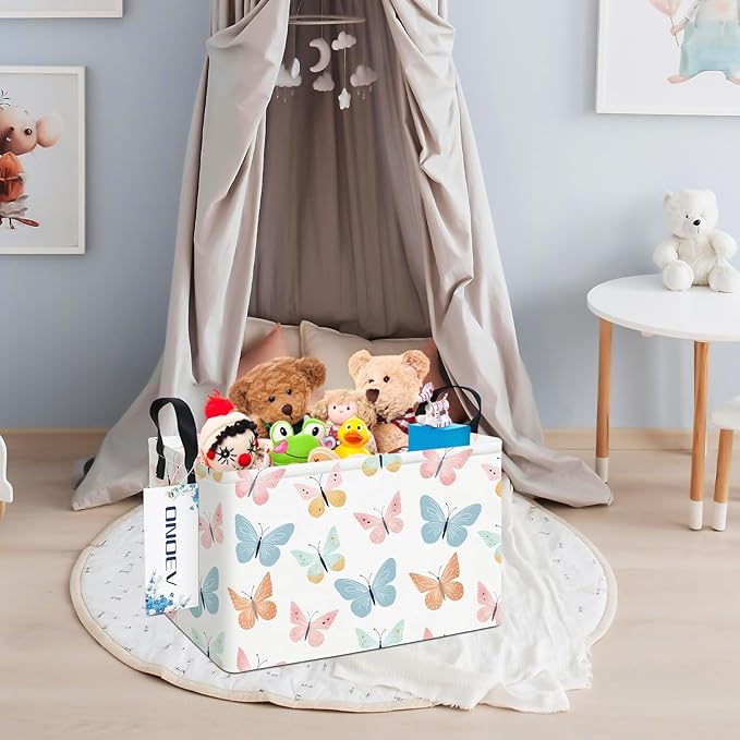 Rectangular Folding Laundry Basket,waterproof Canvas Basket,gift basket,Suitable for children's room,Office,Clothes,Toys Storage(Colorful butterfly)