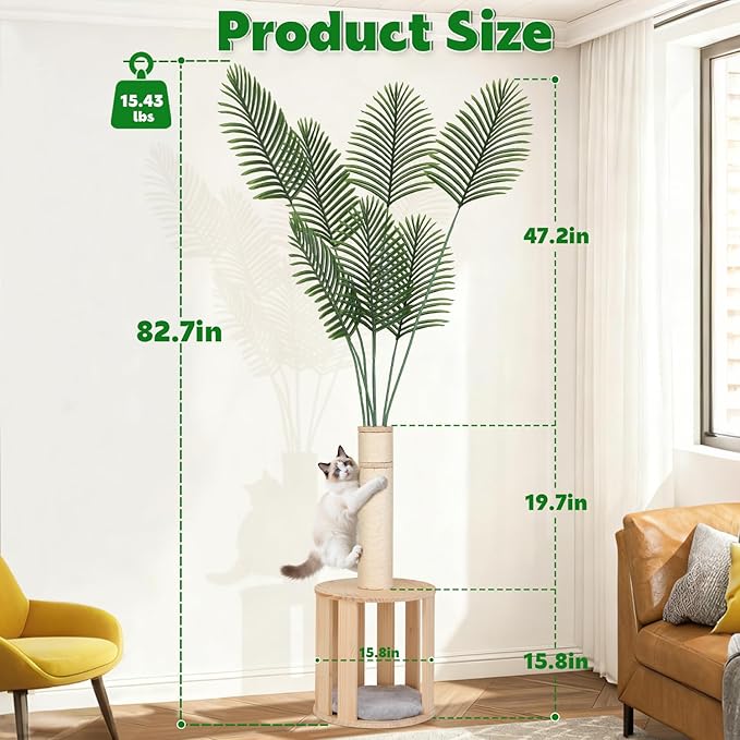 82.7'' Tall Modern Cat Tree for Indoor Cats,Artificial Areca Palm Tree Cat Tower with Solid Wood Cat Bed,Nature Sisal Scratching Post,Removable Mat,Aesthetic Cat Activity Center for Small Medium Cats