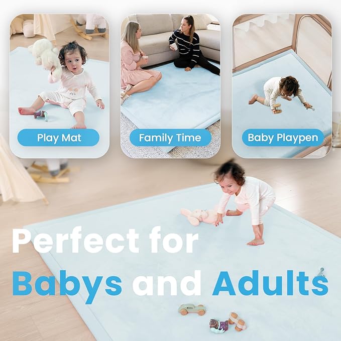Baby Play Mat for Kids Room,Extra Thick Elasti-Foam Anti-Fall Cushion Mat for Babies,Toddlers,Infants,Water-Repellent&Non-Slip Bedroom Bedside Rugs(Ice Blue)