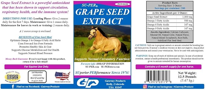 SU-PER Grape Seed Extract Horse Antioxidant - Equine Antioxidant Supplement for Performance Horses - Supports Circulation Respiratory Health & Immune System - 12.5 Pounds, 6 Month Supply