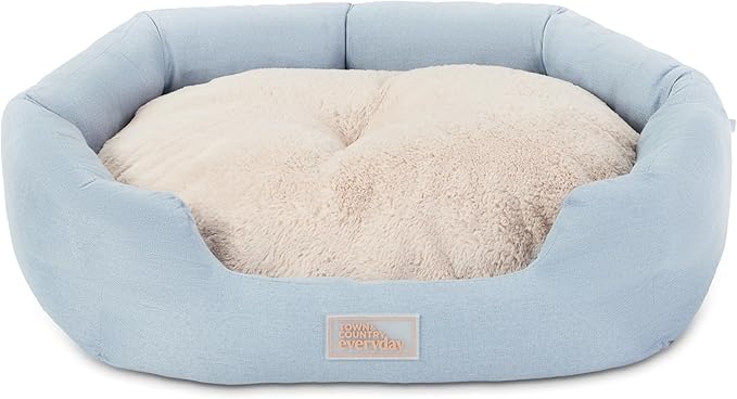 TOWN & COUNTRY EVERYDAY CuddleTown Faux Linen Comfy Cozy Cuddler Pet Bed, Supportive & Calming, Non-Slip Bottom, Machine Washable Cover, Blue, Small 22"x20"x7"