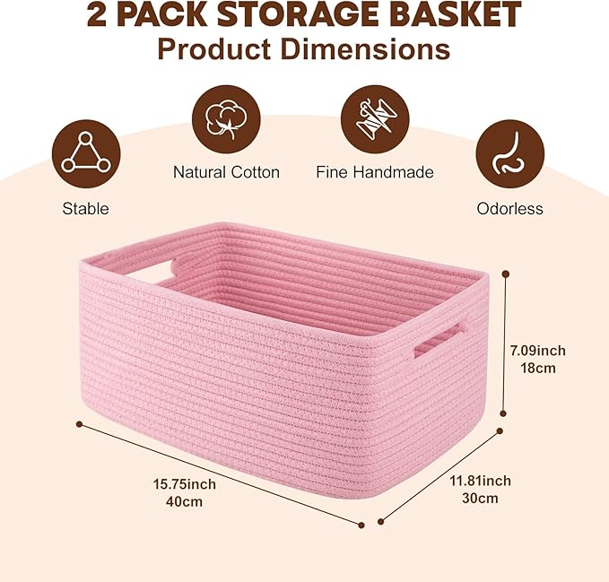 OIAHOMY Storage Basket for Shelves, Closet Cube Storage Bins Baskets for Clothes Blanket Towels, Baby Nursery, Toy Baskets Box, Woven Rope Basket, 15.75*11.81*7.09 IN, 2 Packs Pink