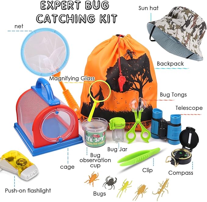 ESSENSON Outdoor Explorer Kit & Bug Catcher Kit with Binoculars, Compass, Magnifying Glass, Critter Case and Butterfly Net Great Toys Kids Gift for Boys & Girls Age 3-12 Year Old Camping Hiking