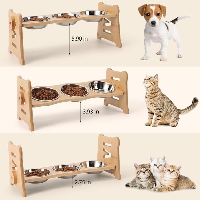 Elevated Cat Bowls15° Tilted Stainless Steel Elevated with Bamboo Stand - 3 Pots Raised Cat Bowls for Indoor Cats and Small for Indoor Cats with Anti-Overflow Design (Yellow)