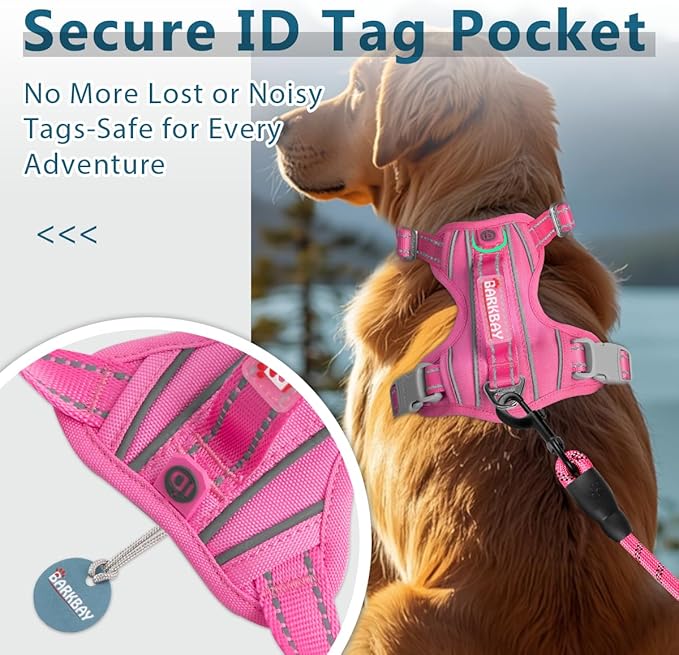 BARKBAY Dog Harness No Pull Oxford with ID Tag Pocket - Heavy Duty, Reflective, Easy Control for Large Dogs(Pink Oxford,M)