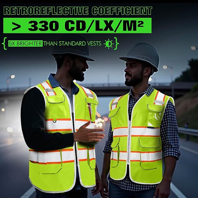 BeautyWill Custom Logo 10 Pockets Safety Vest Class2 ANSI Certified High Visibility Reflective Vest