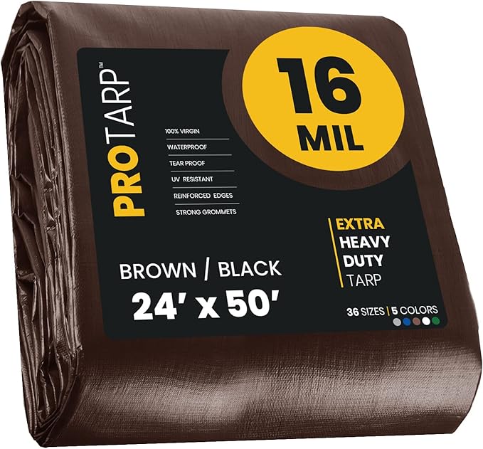 PROTARP Extra Heavy Duty 16 Mil Tarp Cover, Waterproof, UV Resistant, Rip and Tear Proof, Poly Tarpaulin with Reinforced Edges for Roof, Camping, Patio, Pool, Boat. (Brown/Black 24′ X 50′)