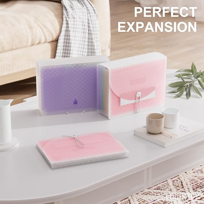 ThinkTex Accordion File Organizer, 12 - Pocket Expanding File Folders for Paper Receipts, Bills&Taxes Organizer, Letter/A4 Size Document Holder for School, Office, Home with Colorful tabs- Pink