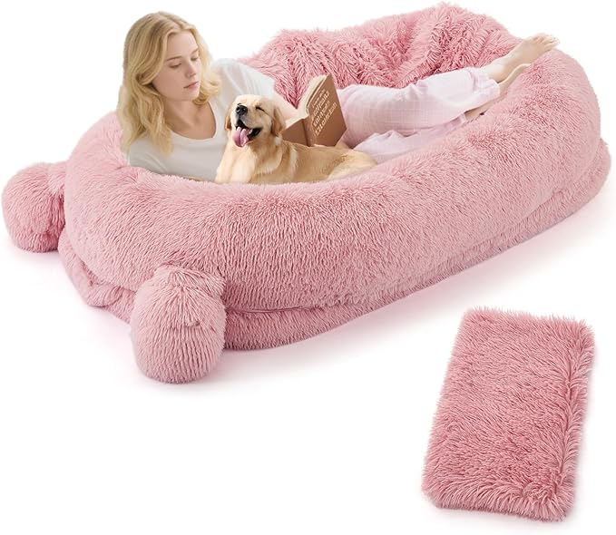 GarveeHome Human Sized Dog Bed, 71" x 45" x 12" Large Dog Bed with 2 Storage Pockets, Fluffy Faux Fur Orthopedic Pet Bean Bed for Adults & Giant Pets - Pink