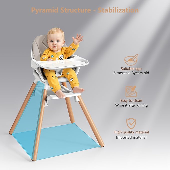 Baby High Chair, Highchair for Baby & Toddler, Easy Clean Infant Highchair, 6 in 1 Feeding High Chair with Removable Double Tray and Waterproof PU Cushion, Wooden Legs, Champagne