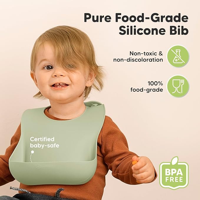 KeaBabies 2-Pack Silicone Baby Bibs for Eating - Sturdy Food-Grade Silicone Bibs for Babies Girl, Boy, Large Food Catcher, Clean & Put On Easily, Waterproof Toddler Feeding Essentials (Sage)