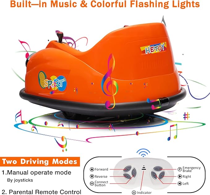 12V Bumper Car for Toddlers, Electric Toy Ride on Battery Car with Kids W/Parent Remote Control, 2-Speed, 360 Degree Spin, Music & LED Lights for Kids, Orange