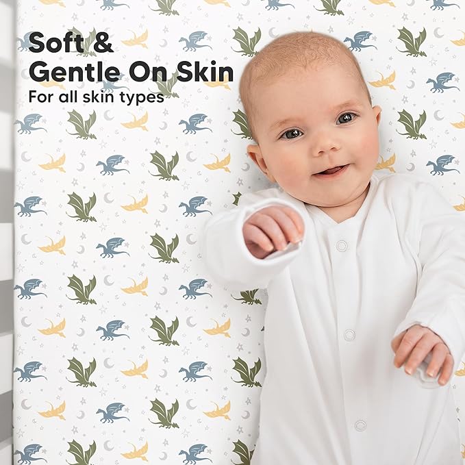 KeaBabies 2-Pack Organic Crib Sheets for Boys, Girls - 52x28 Fitted Crib Mattress Sheet Neutral, Breathable Jersey Cotton Cover for Baby Bed, Toddler Mattress, Soft & Cute Prints (Dragon Tale)