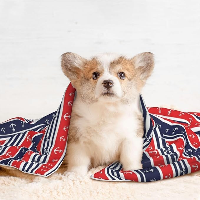 Two Sided Plush Pet Blanket for Warmth Comfort, Nautical Anchor Seamless Pattern Blue and Red Stripe, Reversible Throw with Cozy Nubby Side for Chilly Nights Napping Spots Around House
