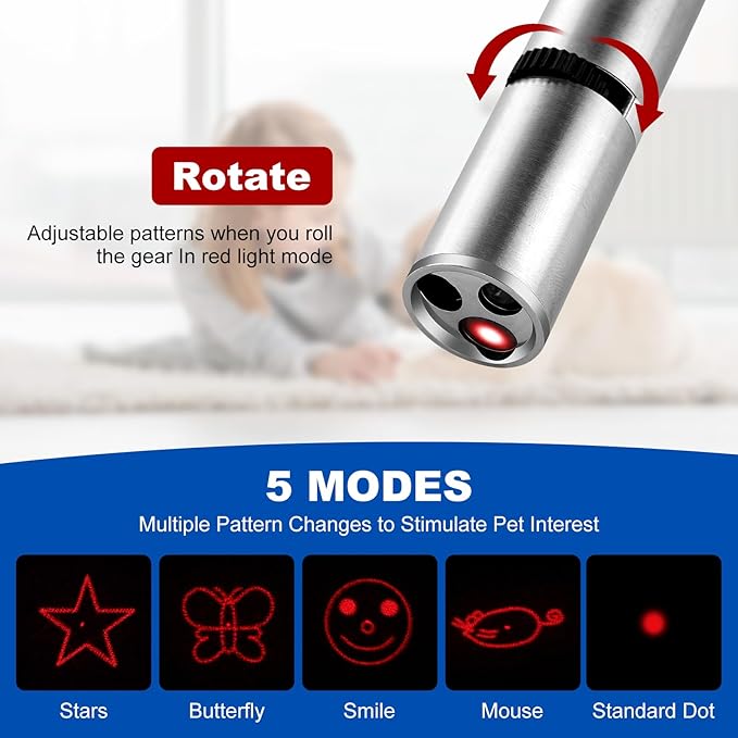 Laser Pointer, Cat Toys for Indoor Cats, Kitten Dog Laser Pen Toy, Red Dot LED Light Pointer Interactive Toys for Indoor Cats Dogs, USB Charging, 5 Switchable Patterns