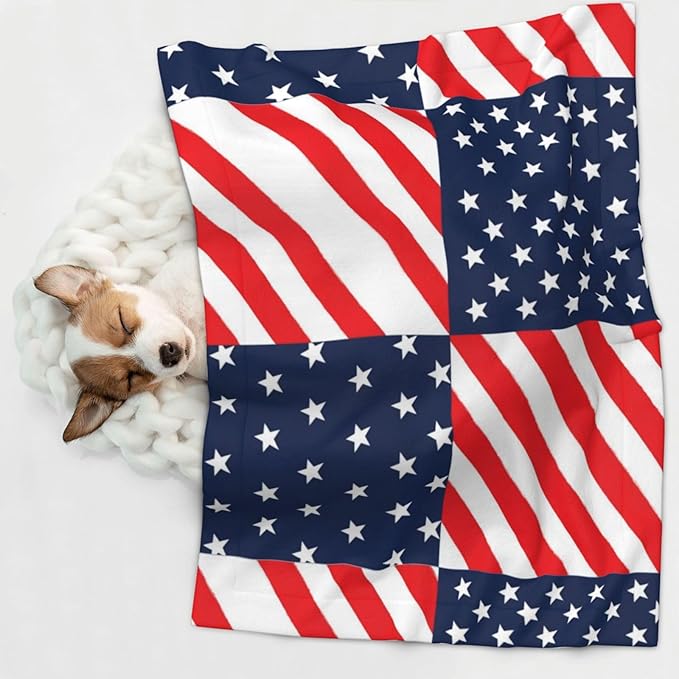 Double Sided Plush Pet Blanket for Small Large Animals, American Flag Plaid Pattern, Reversible Throw with Dimpled Dot Side and Flat Side for Kennels Living Rooms