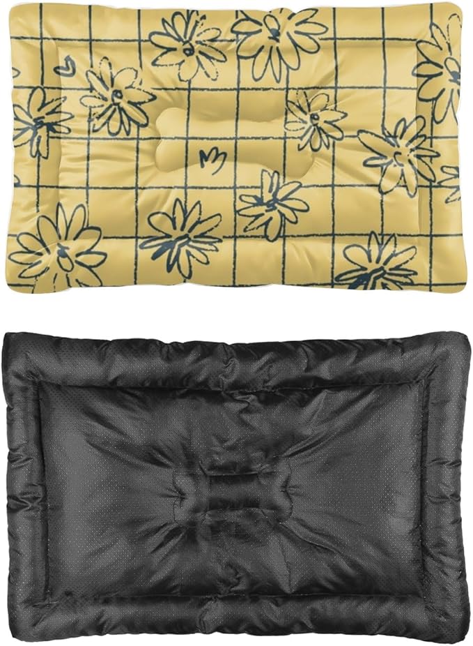 Grid Floral Yellow Vintage Dog Bed Furniture Mattress for Dog Bed Pad Washable Crate Washable Non-Slip Puppy Crate for Kennel Mats Crates Pillows Medium Dogs Indoor Outdoor 36X24 Inch
