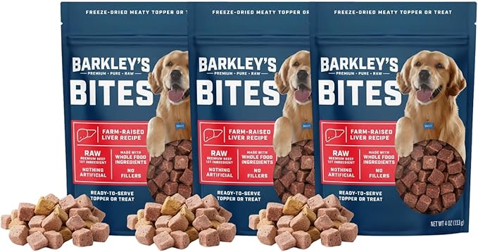 Barkley’s Bag Beef Bites, Freeze Dried Dog Treats & Food Topper, Made w/Beef, Barley, and Quinoa, Small Bite-Sized Pieces for Training Rewards, for All Dog Breeds, Ages & Sizes, 4 Oz Bag (3 Pack)