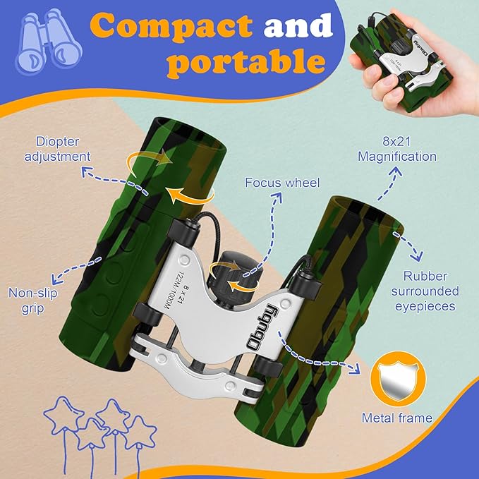 Obuby Real Binoculars for Kids Gifts for 3-12 Years Boys Girls 8x21 High-Resolution Optics Compact Toy Binocular for Bird Watching,Travel, Camping