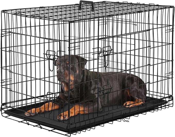 PayLessHere Large Dog Crate Kennel for Medium Large Dogs Metal Dog Cage Double-Door Folding Travel Indoor Outdoor Puppy Playpen with Divider and Handle Plastic Tray (42 Inch, Black)